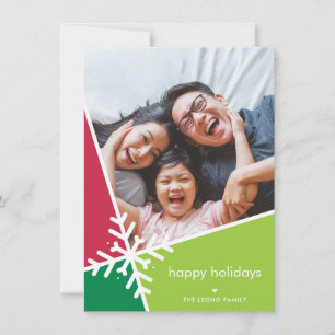 FAMILY PHOTO modern holiday snow flake green red Card