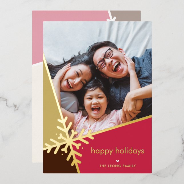 FAMILY PHOTO modern holiday snow flake red gold (Front/Back)