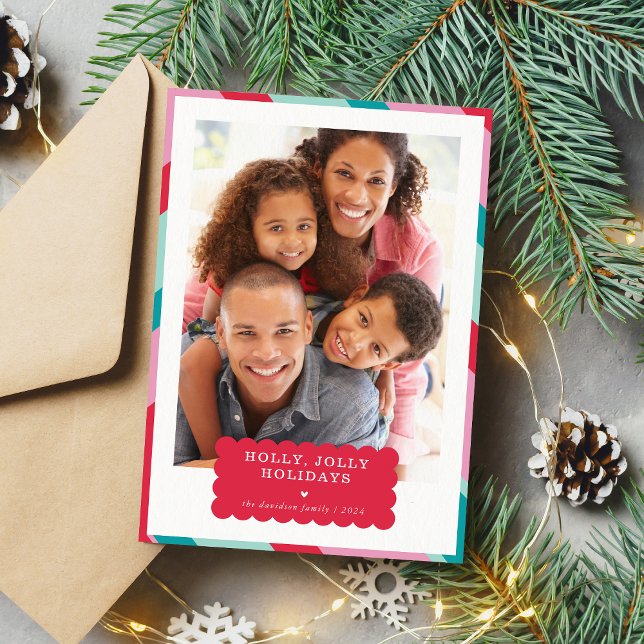 FAMILY PHOTO modern minimal border red pink Holiday Card (Creator Uploaded)