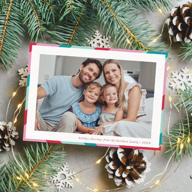 FAMILY PHOTO modern minimal frame red pink Holiday Card (Creator Uploaded)