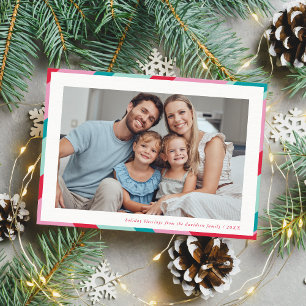 FAMILY PHOTO modern minimal geometric red pink Holiday Card