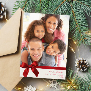 FAMILY PHOTO modern wrapped up red ribbon bow Holiday Card