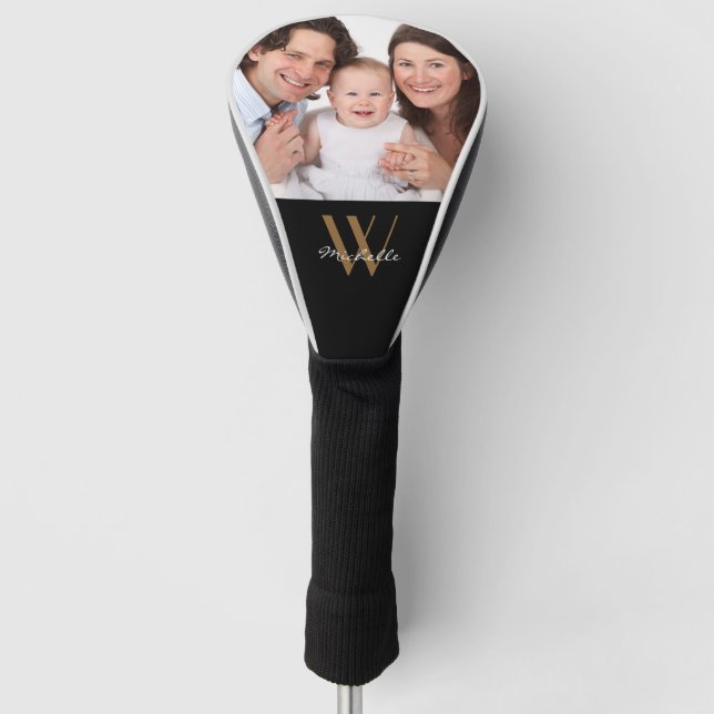 Family Photo Monogram Black Gold Elegant Name Golf Head Cover (Front)