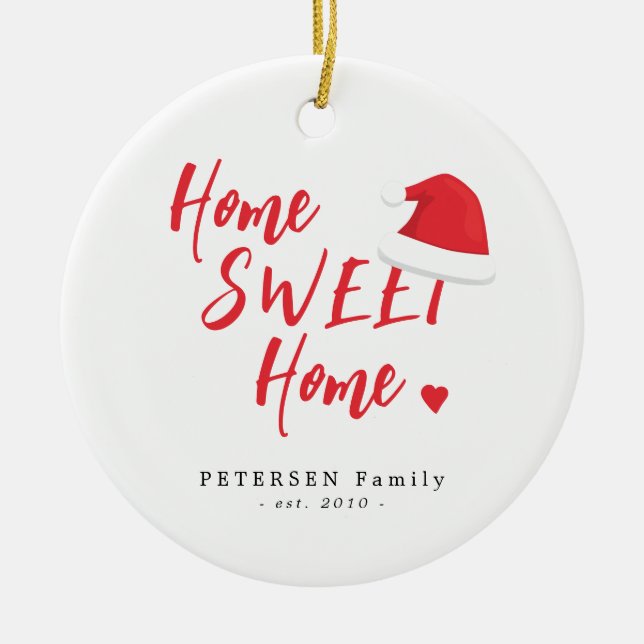 Family photo name home sweet home red Christmas Ceramic Tree Decoration (Front)