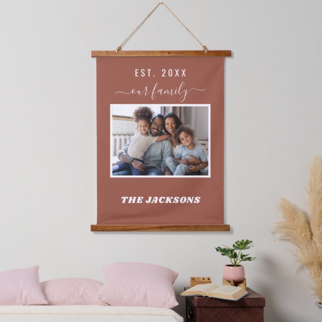 Family photo name script brown hanging tapestry (Bedroom)
