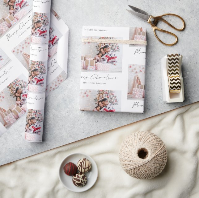 Family Photo Name Script Pattern Merry Christmas Wrapping Paper (Crafts)