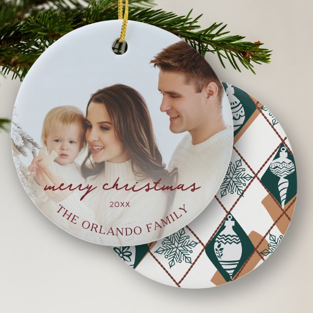 Family Photo New Parents Green Merry Christmas Cer Ceramic Tree Decoration (Creator Uploaded)