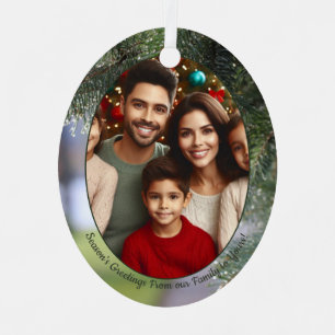 Family Photo on Evergreen Tree Branches and Santa Metal Tree Decoration