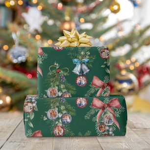 Family Photo Ornaments Christmas Green Wrapping Paper
