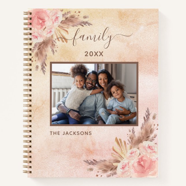 Family photo pampas grass rose gold pink flowers notebook (Front)