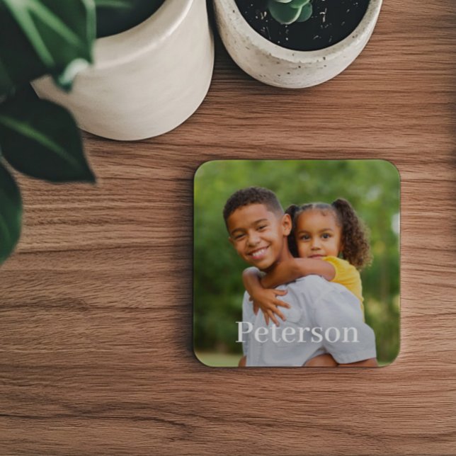Family Photo Personalised Last Name Monogram Coaster (Creator Uploaded)