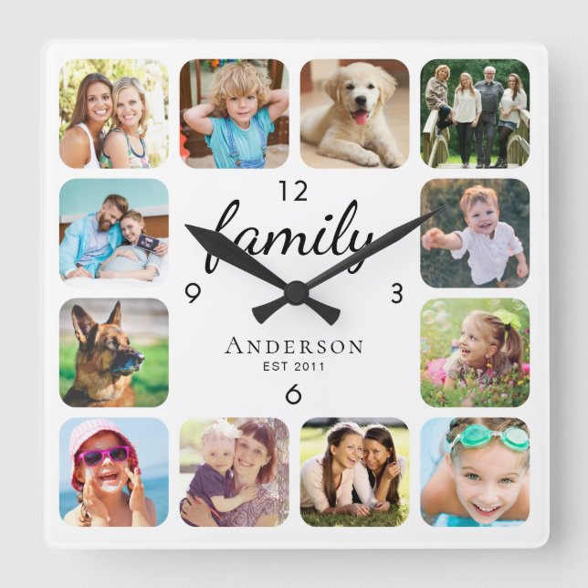 Family Photo Personalised Square Wall Clock (Front)