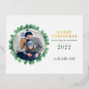 Family Photo Pine Christmas Modern Gold Foil Holiday Postcard