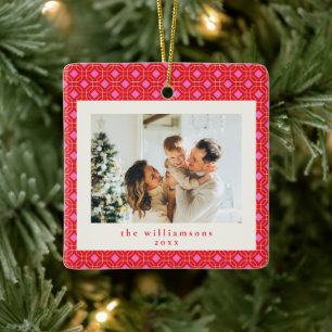 Family Photo Pink and Red Geometric Christmas Ceramic Ornament