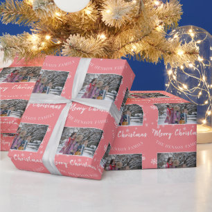 Family Photo Pink Merry Christmas Script Wrapping Paper