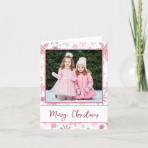 Family Photo Pink Snowflakes Christmas Greeting 