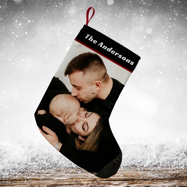 Family Photo Plaid Buffalo Check Scottish Black Small Christmas Stocking (Creator Uploaded)