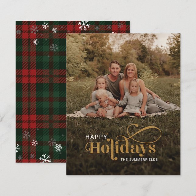 Family Photo Plaid Snowflakes Christmas Card (Front/Back)