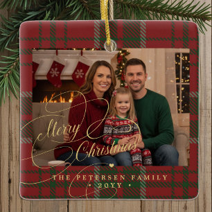 Family photo plaid tartan classic Merry Christmas  Ceramic Ornament