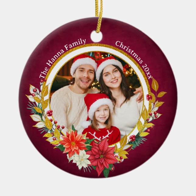 Family Photo & Poinsettia Merry Christmas Gift Ceramic Tree Decoration (Front)