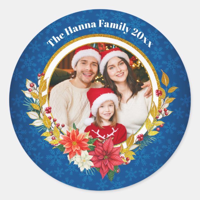 Family Photo & Poinsettia Merry Christmas Gift Classic Round Sticker (Front)