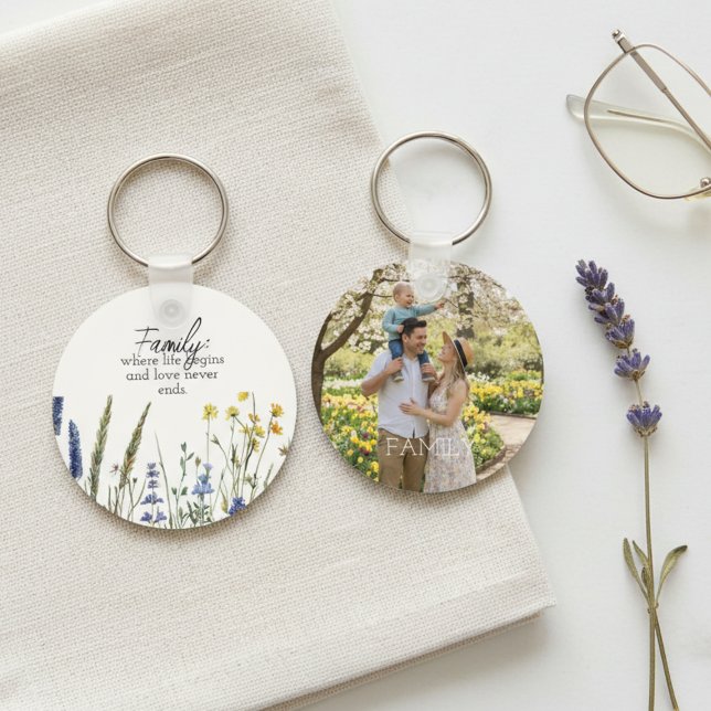Family Photo & Quote Keychain - Cherished Keepsake (wildflower family photo keychain)
