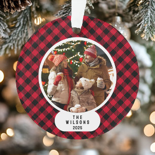 Family Photo Red and Black Buffalo Plaid Christmas Ornament