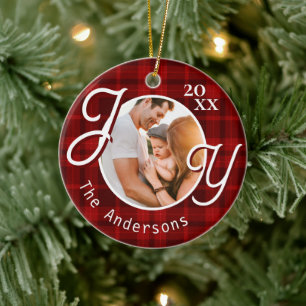 Family Photo Red Buffalo Plaid Christmas Joy Ceramic Tree Decoration