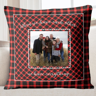 Family Photo Red Buffalo Plaid Holiday Cushion