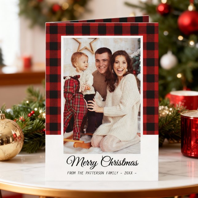 Family Photo Red Buffalo Plaid Merry Christmas Card (Creator Uploaded)