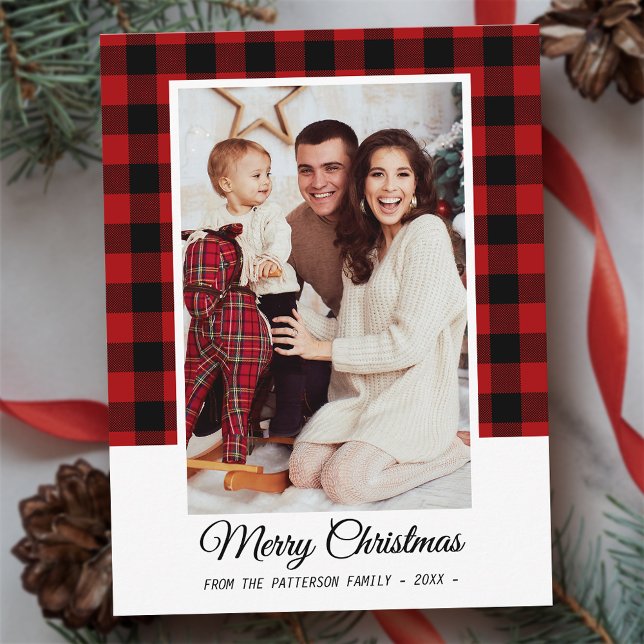 Family Photo Red Buffalo Plaid Merry Christmas Postcard (Creator Uploaded)