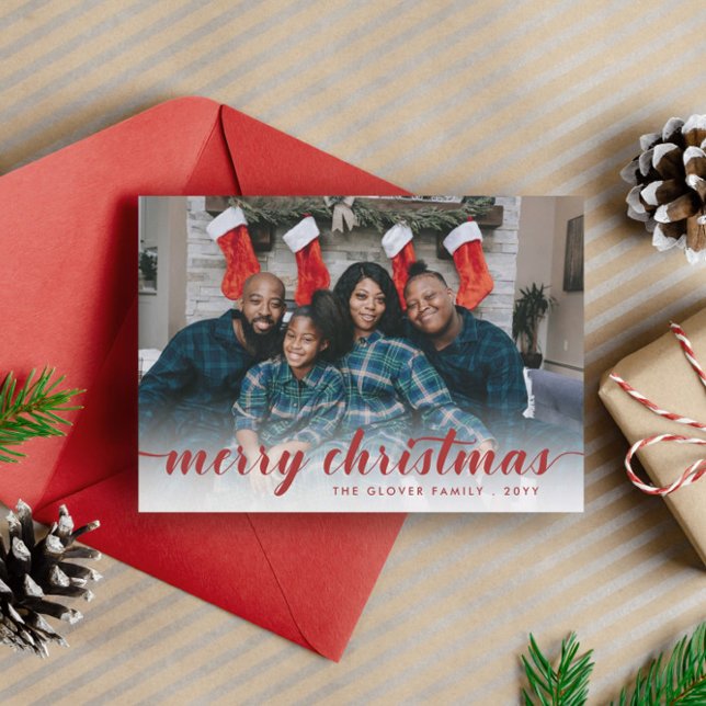 Family Photo Red Calligraphy Merry Christmas Holiday Card (Creator Uploaded)