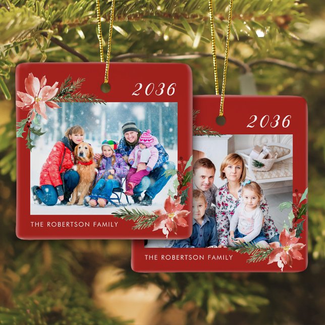 Family Photo Red Christmas  Ceramic Ornament (Creator Uploaded)