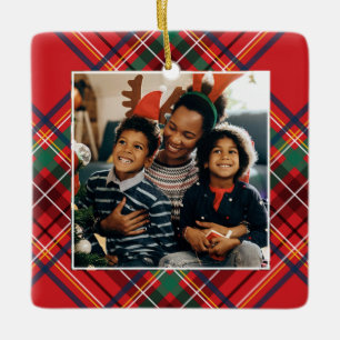 Family photo red Christmas plaid personalised Ceramic Ornament