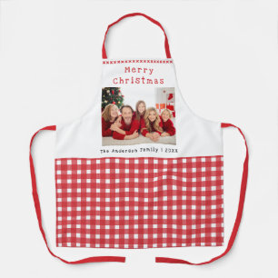 Family Photo Red Gingham Merry Christmas Holiday Apron