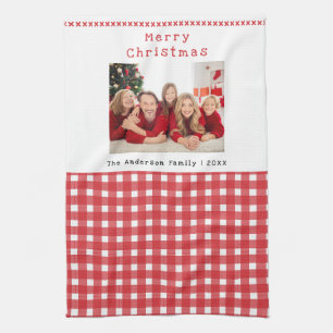 Family Photo Red Gingham Merry Christmas Holiday Tea Towel