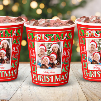 Family Photo Red Green Retro Christmas Typography Paper Cups