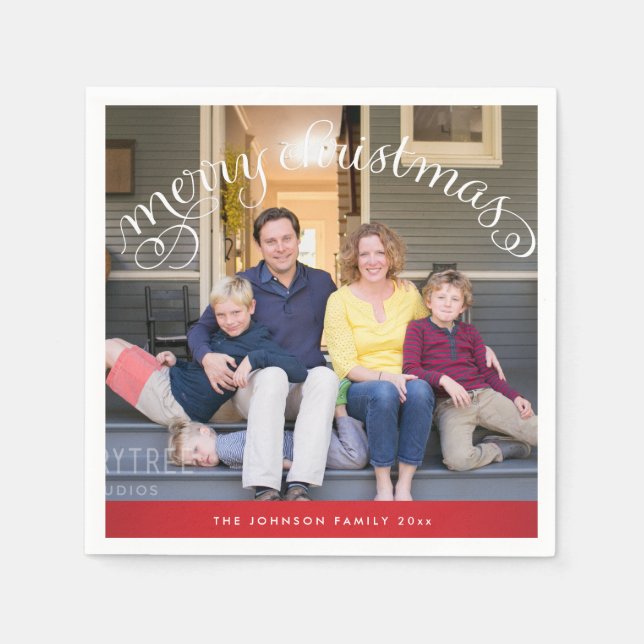 Family Photo Red Merry Christmas Napkin (Front)