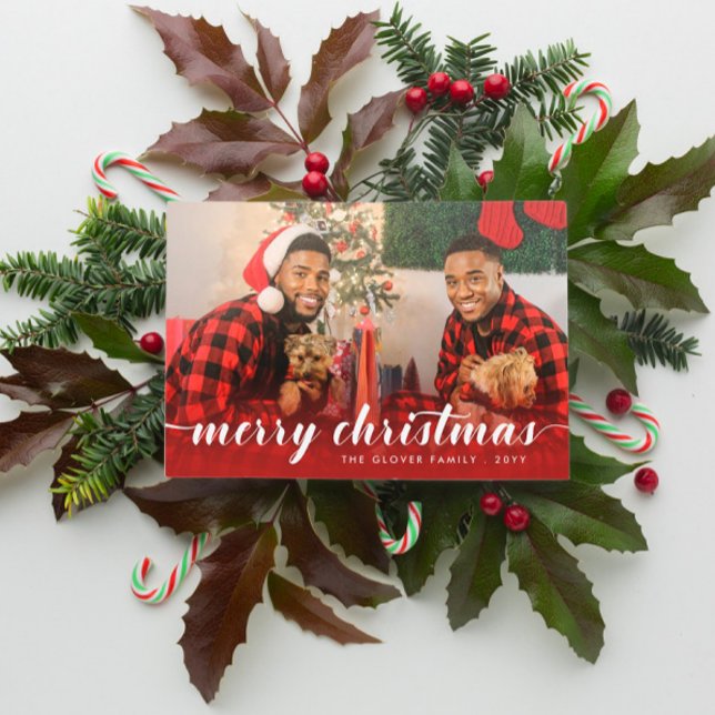 Family Photo Red White Calligraphy Merry Christmas Holiday Card (Creator Uploaded)