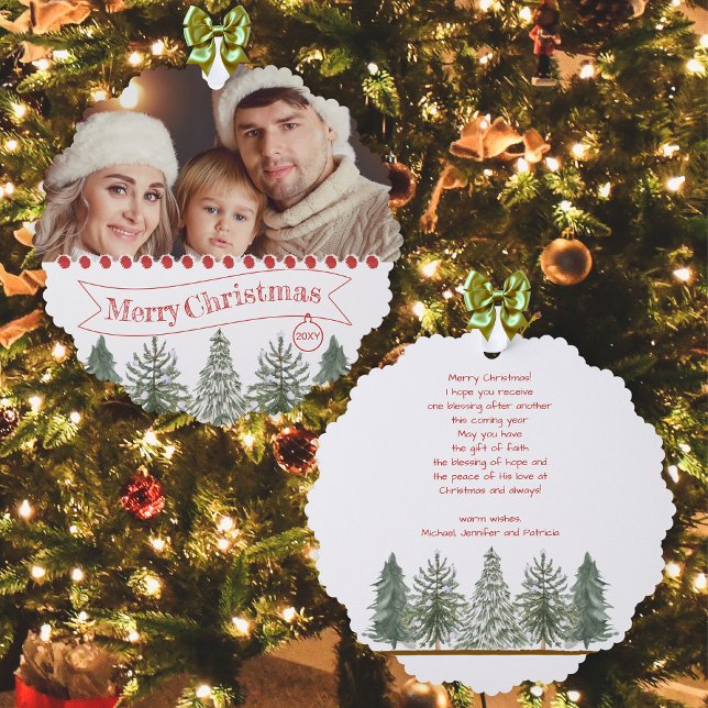 Family Photo Retro Botanical Green Merry Christmas Tree Decoration Card (Creator Uploaded)