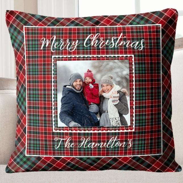 Family Photo Rustic Christmas Plaid Cushion (Family Photo Rustic Christmas Plaid Throw Pillow)
