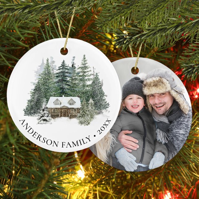 Family Photo Rustic Pine Forest Cabin Christmas Ceramic Tree Decoration (Creator Uploaded)