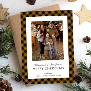 Family Photo Rustic Tan Plaid Merry Christmas Holiday Card