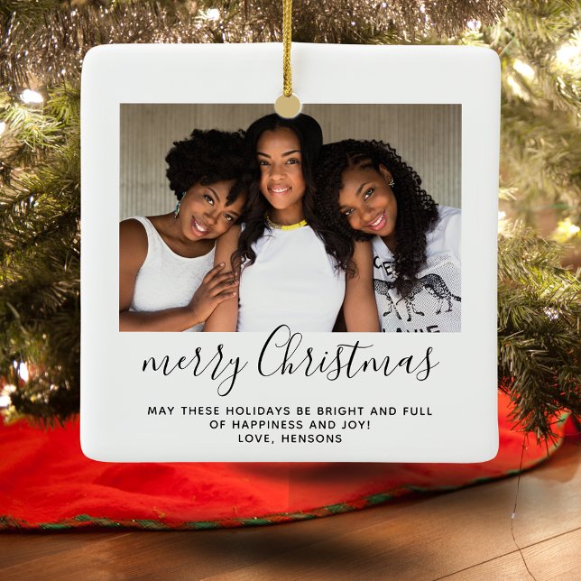 Family Photo Simple Minimalist Script Christmas  Ceramic Ornament (Creator Uploaded)