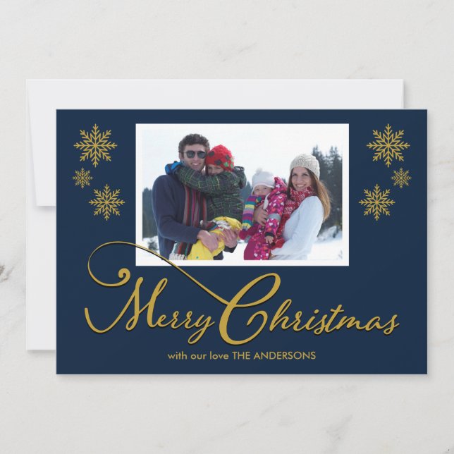 Family Photo Snowflakes Blue Christmas Card (Front)
