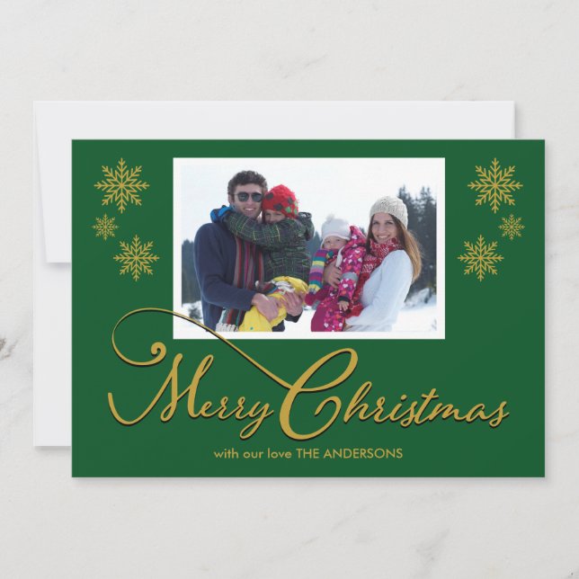 Family Photo Snowflakes Green Christmas Card (Front)