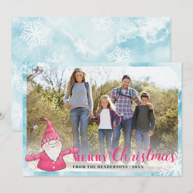 Family Photo Teal Blue Pink Cute Gnome Christmas Holiday Card (Front/Back)