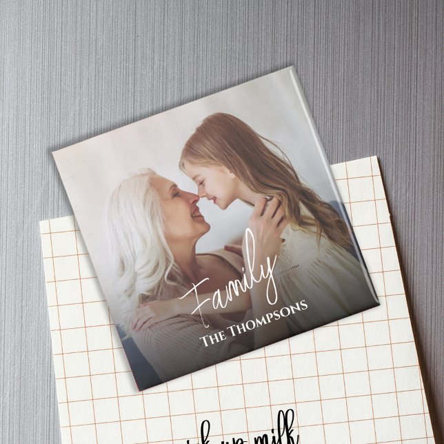 Family Photo Template Personalised Magnet (Family white calligraphy script block style lettering photo magnet.)