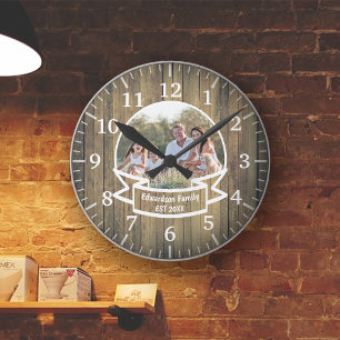 Family Photo Template Rustic Wood Round Clock