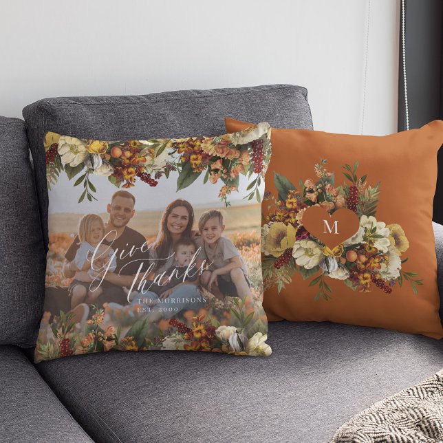 Family photo Thanksgiving give thanks fall floral  Cushion (Creator Uploaded)